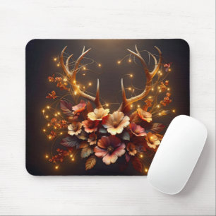 Deer Antlers With Autumn Flowers Mouse Mat