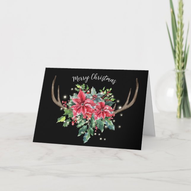 Deer Antlers with Poinsettia Bouquet Card (Front)
