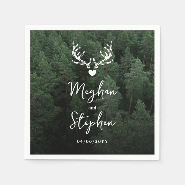Deer Antlers Woodland Pine Tree Forest Wedding Napkin (Front)