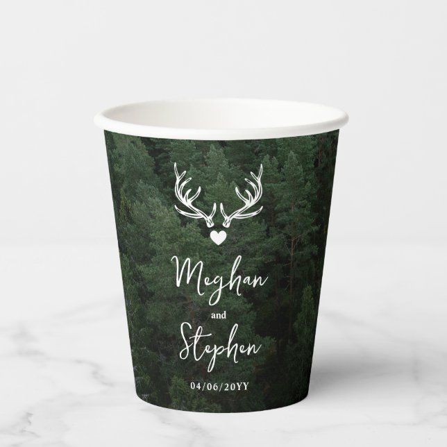 Deer Antlers Woodland Pine Tree Forest Wedding Paper Cups (Front)