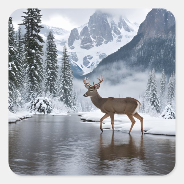 Deer at a River in Winter Square Sticker (Front)