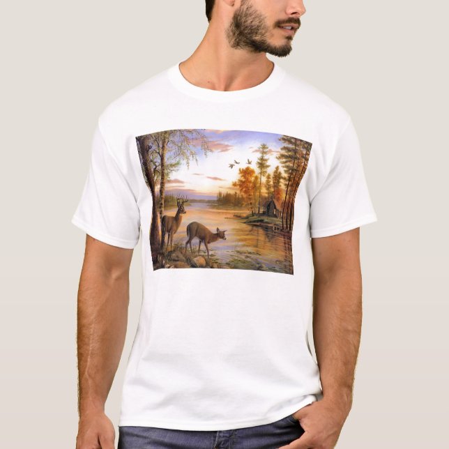 Deer At Lake Cabin T-Shirt (Front)