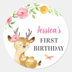 Deer Baby Girl First Birthday Doe Guest Favour Pin Classic Round Sticker