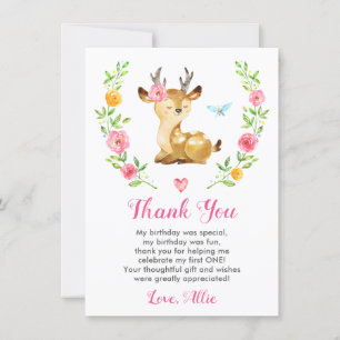 Deer Baby Girl First Birthday Party Doe Floral Thank You Card