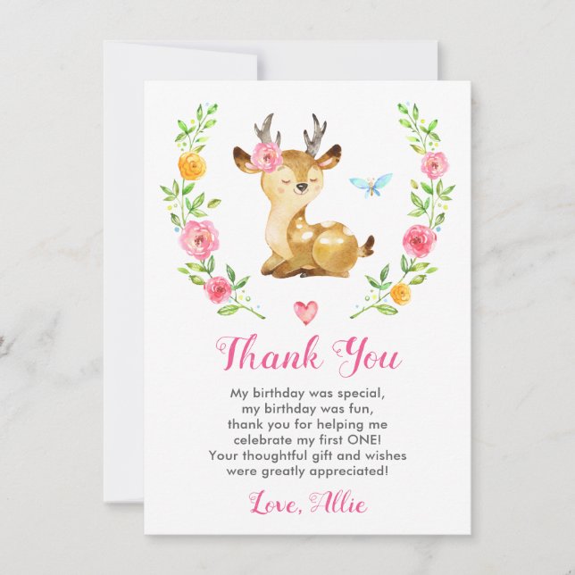 Deer Baby Girl First Birthday Party Doe Floral Thank You Card (Front)