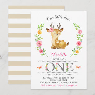 Deer Baby Girl Woodland Floral 1st First Birthday Invitation