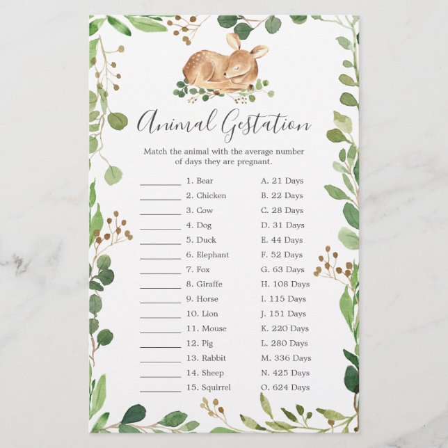 Deer Baby Shower Animal Gestation Game (Front)