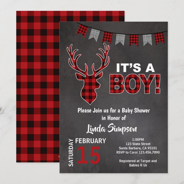 Deer Baby SHOWer Buffalo Plaid Red and Grey Invitation (Front/Back)