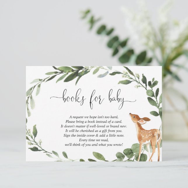 Deer baby shower eucalyptus greenery book request enclosure card (Standing Front)