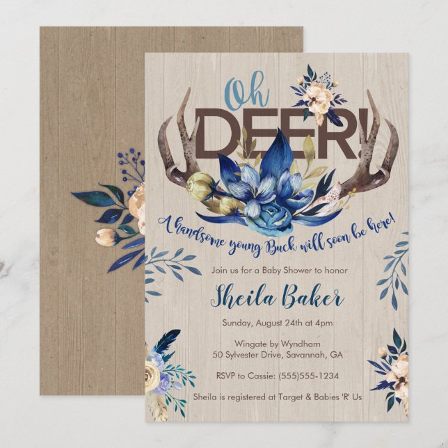 Deer Baby Shower Invitation - Antlers Invite Boy (Front/Back)