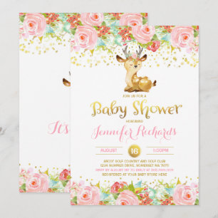 Deer Baby Shower Invitation Floral Pink & Gold