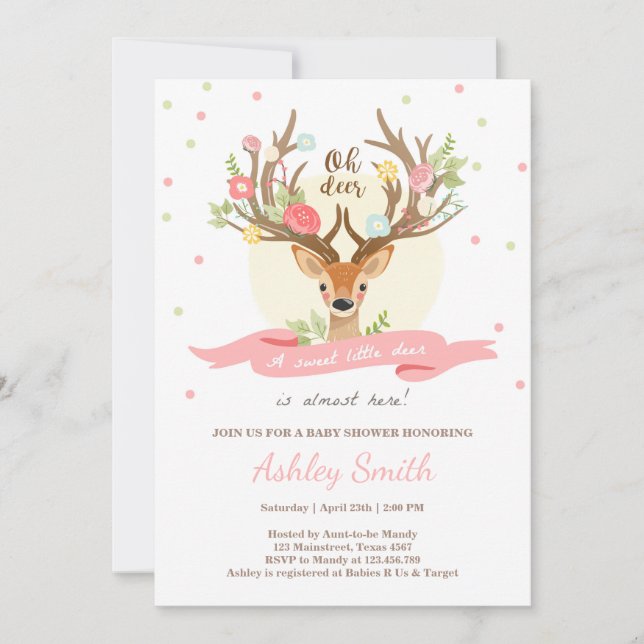 Deer baby shower invitation Woodland Antlers Girl (Front)