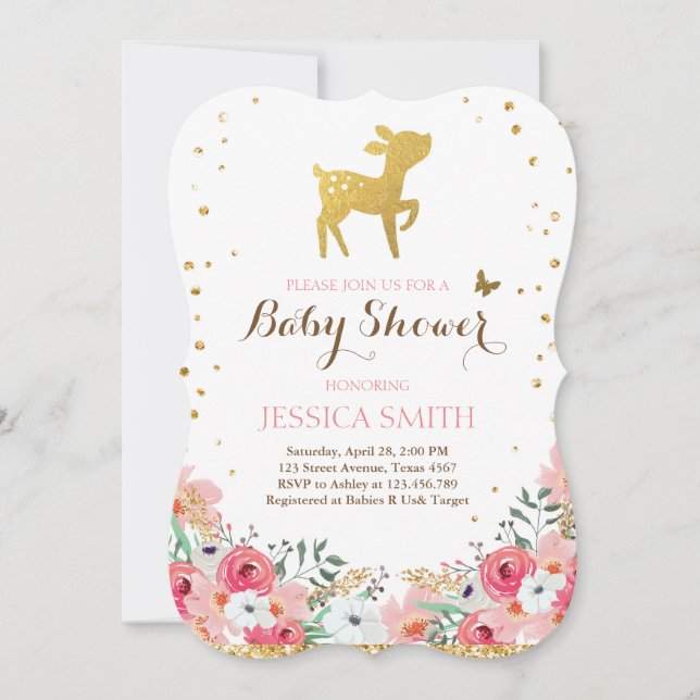 Deer baby shower invitation Woodland Girl Floral (Front)