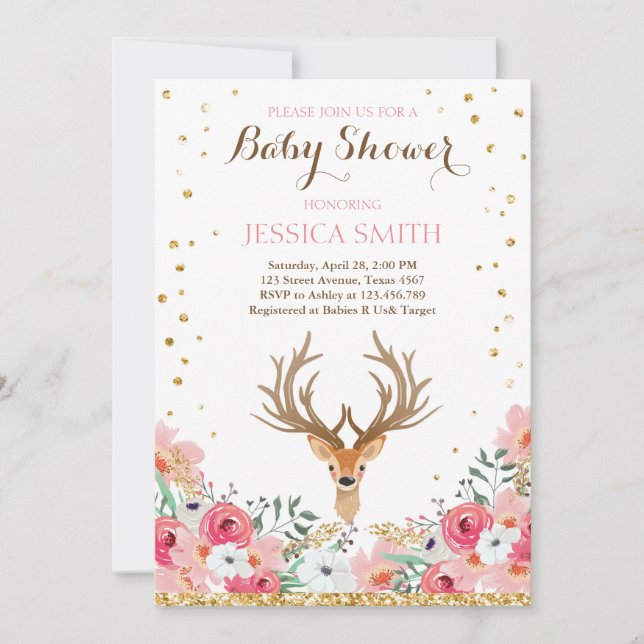 Deer baby shower invitation Woodland Girl Floral (Front)