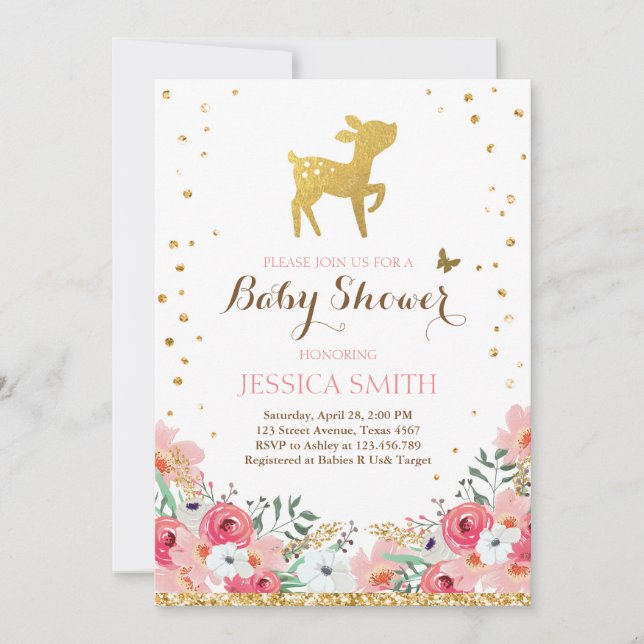 Deer baby shower invitation Woodland Girl Floral (Front)