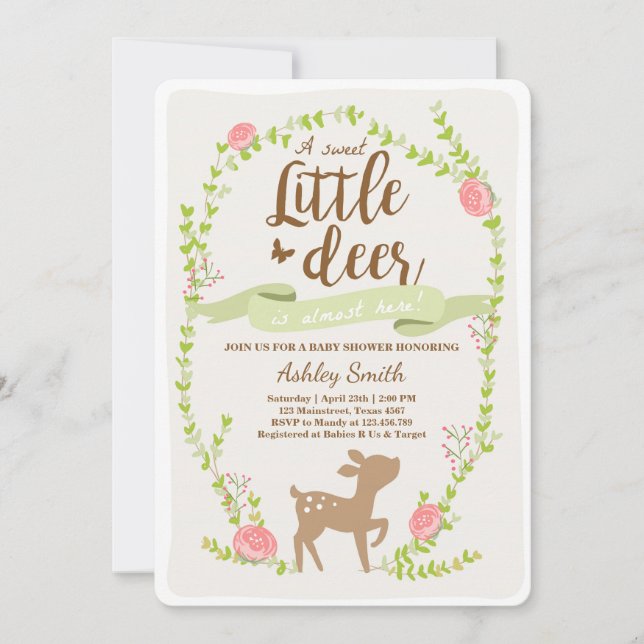 Deer baby shower invitation Woodland Girl pink (Front)