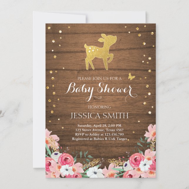 Deer baby shower invite Woodland Girl Floral Wood (Front)