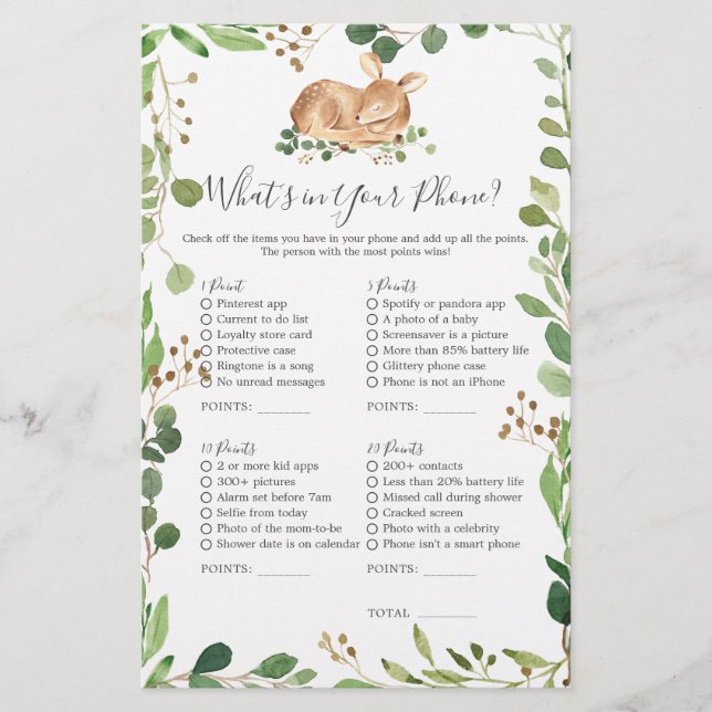 Deer Baby Shower What's in Your Phone (Front)