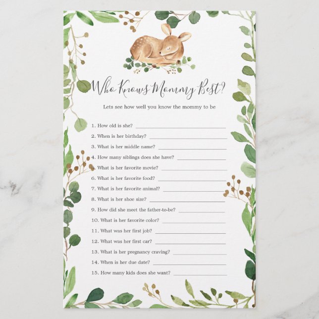 Deer Baby Shower Who Knows Mummy Best (Front)