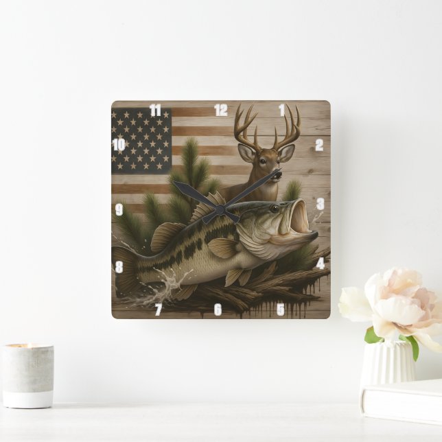  Deer Bass American Flag Square Wall Clock (Home)