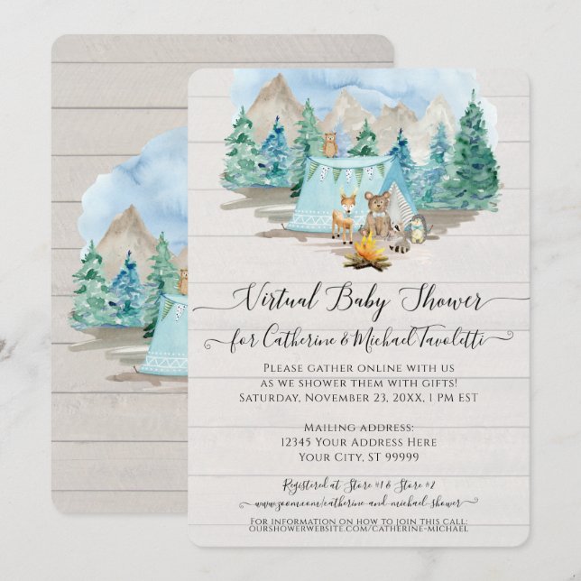 Deer Bear Rustic Wood Forest Virtual Baby Shower Invitation (Front/Back)