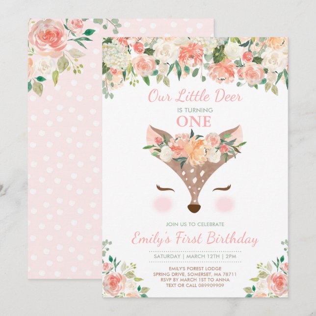 Deer Birthday Invitation Floral Woodland Deer (Front/Back)