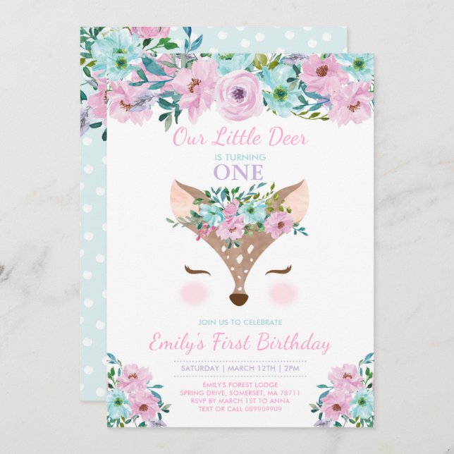 Deer Birthday Invitation Floral Woodland Deer (Front/Back)