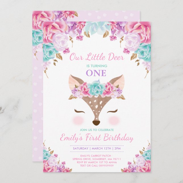 Deer Birthday Invitation Floral Woodland Deer (Front/Back)