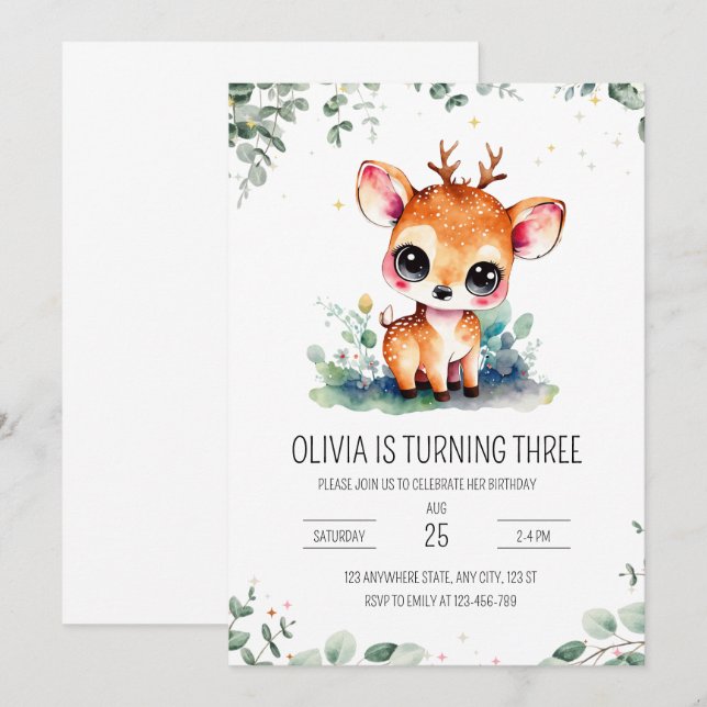 Deer birthday invitation, Forest Animals Birthday  Invitation (Front/Back)