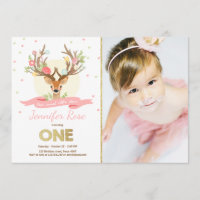 Deer birthday invite Antlers Woodland Gold Pink
