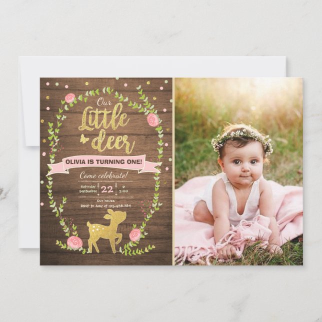 Deer birthday invite Girl Pink Gold Woodland Party (Front)
