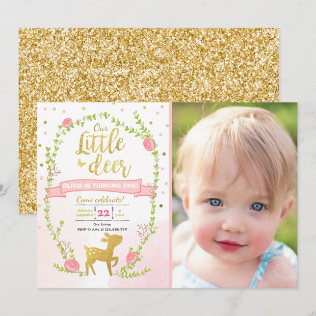 Deer birthday invite Girl Pink Gold Woodland Party (Front/Back)