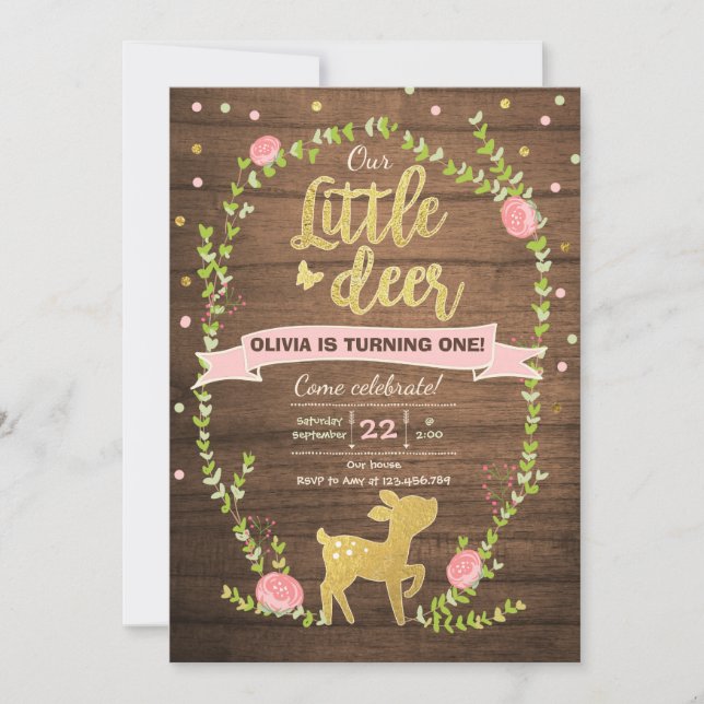 Deer birthday invite Girl Pink Gold Woodland Party (Front)
