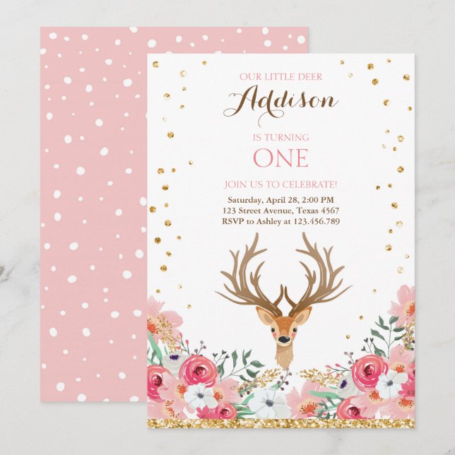 Deer birthday invite Woodland Gold Pink Floral (Front/Back)