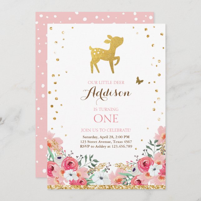 Deer birthday invite Woodland Gold Pink Floral (Front/Back)