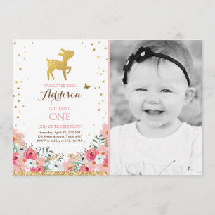 Deer birthday invite Woodland Gold Pink Floral
