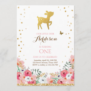 Deer birthday invite Woodland Gold Pink Floral