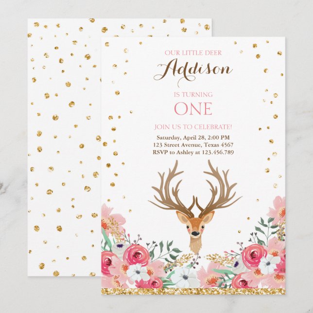 Deer birthday invite Woodland Gold Pink Floral (Front/Back)