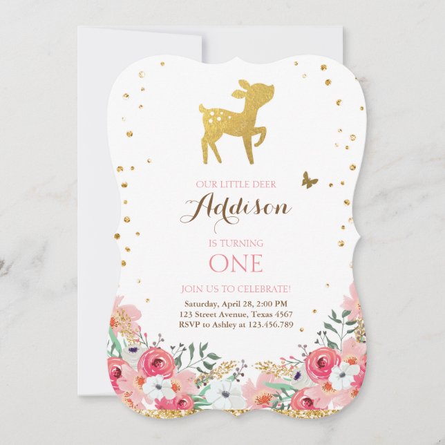 Deer birthday invite Woodland Gold Pink Floral (Front)