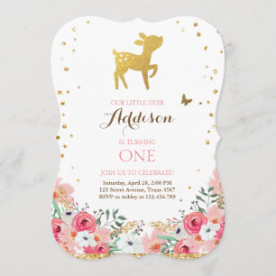 Deer birthday invite Woodland Gold Pink Floral