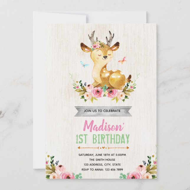 Deer birthday party invitation (Front)