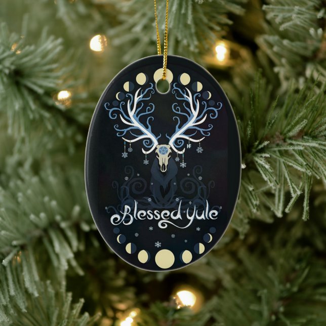 Deer Blessed Yule Moon Pharse Witch Pagan Witchy Ceramic Tree Decoration (Tree)