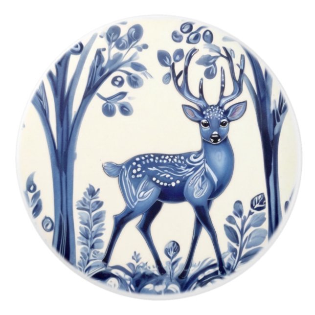 Deer Blue and White Woodland Folk Animal Art Ceramic Knob (Front)