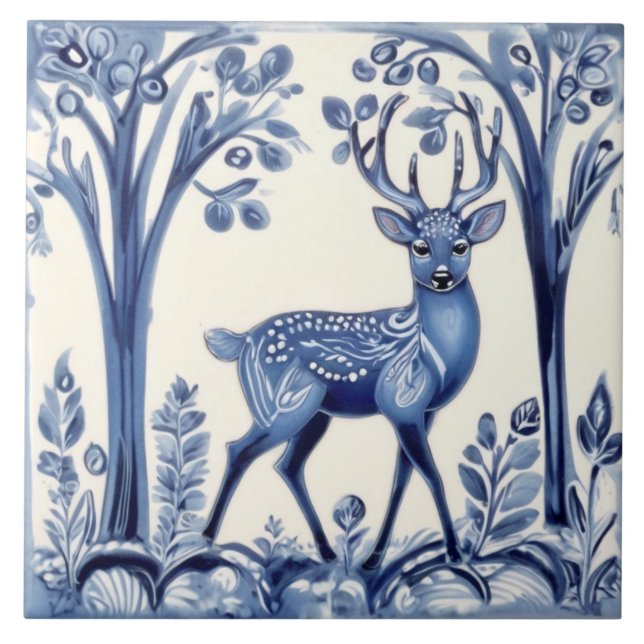 Deer Blue and White Woodland Folk Animal Art Tile (Front)