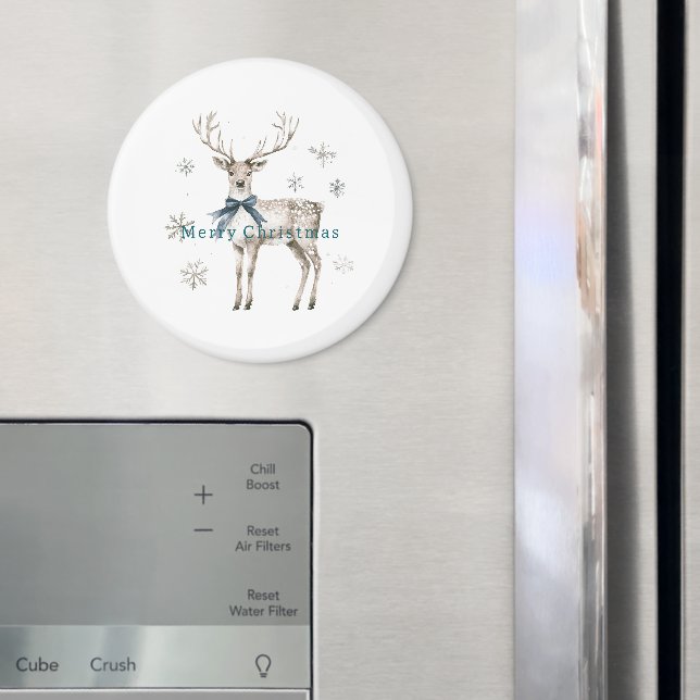 Deer Blue Bow Snowflakes Christmas Magnet (In Situ (Fridge))