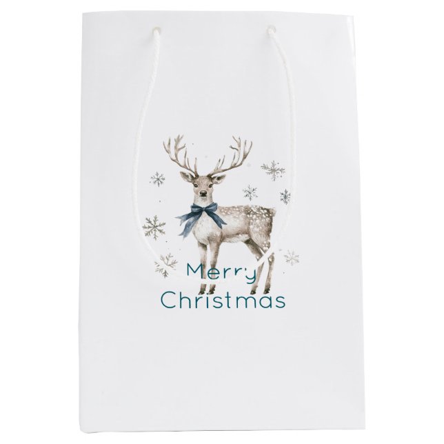 Deer Blue Bow Snowflakes Christmas Medium Gift Bag (Front)