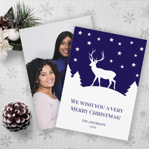 Deer Blue White Winter Christmas Family Photo Holiday Card