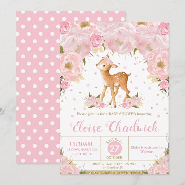Deer Blush Floral Baby Shower Invitation Girl (Front/Back)