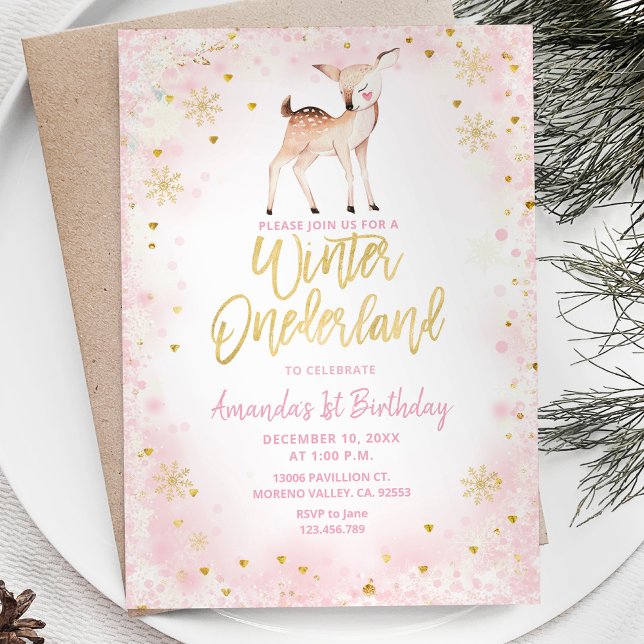 Deer Blush Pink Winter Onederland Birthday  Invitation (Creator Uploaded)