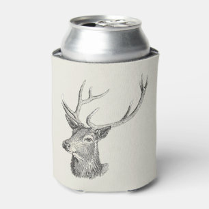Deer Buck Head with Antlers Black and White Art Can Cooler